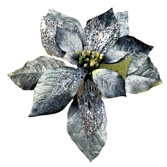 PACK OF 5 CHRISTMAS DECOR ARTIFICIAL FLOWERS 12" STEM BLUE/GREY POINSETTIAS - Picture 2 of 5